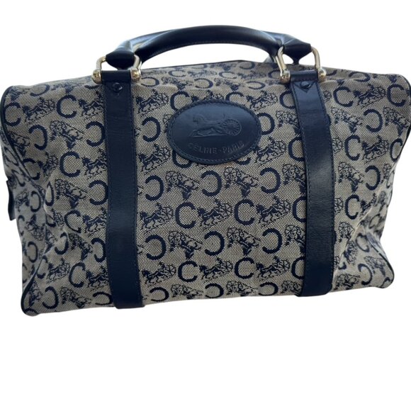 Celine Gray Canvas and Navy Blue Leather Boston Bag - Picture 1 of 7